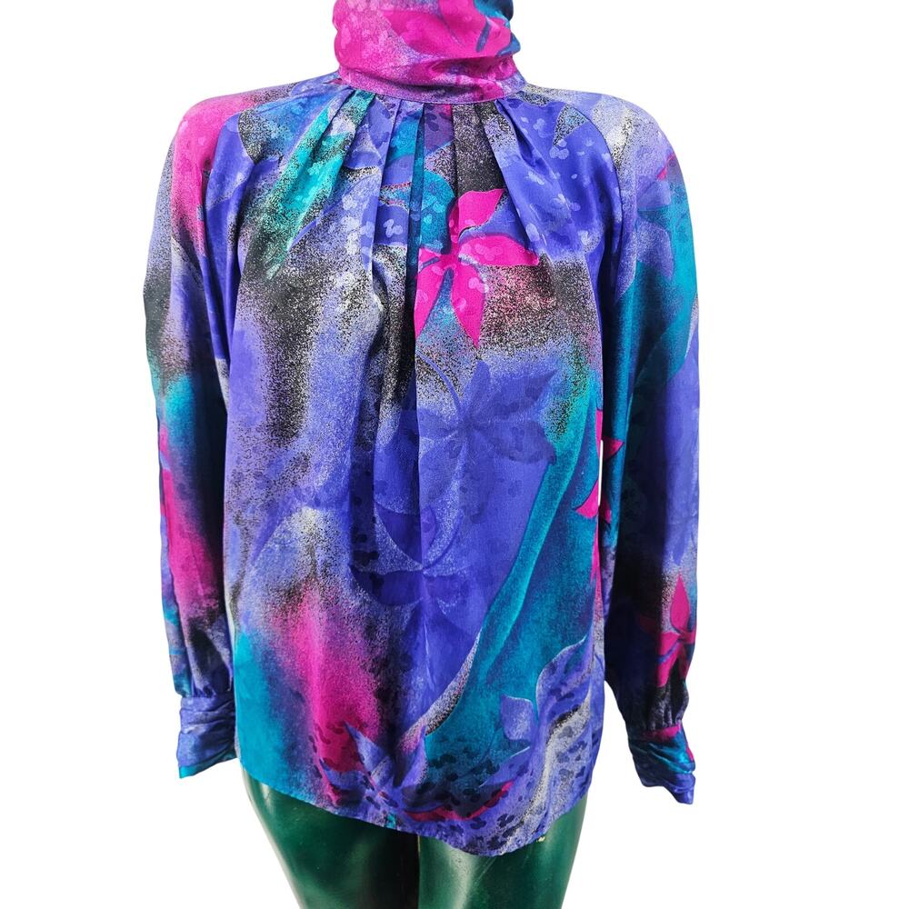 Vintage 80s Tess mock neck satin Secretary Blouse 8 M Maximalist Abstract Floral